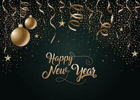 Happy New Year. Dark background with confetti and Christmas ornaments. Celebrate New Year's Eve with golden confetti and glitter on a dark background. vector