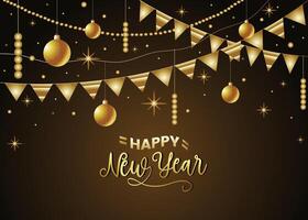 Happy New Year. A dark background adorned with confetti and elegant Christmas ornaments sets the stage for a festive New Year's Eve celebration, shimmering with golden confetti and glittering accents. vector