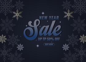 New Year Sale banner. Get 50 percent off with a stylish banner design on a dark background, adorned with festive holiday elements and Christmas highlights. vector