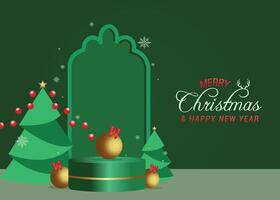 Merry Christmas green podium design. Merry Christmas sale greeting text on a simple platform background with gold Christmas ornaments and twisted pine tree elements . vector