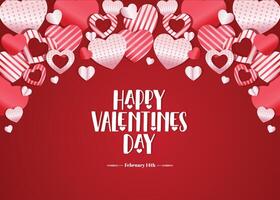 Happy Valentine's Day Elegant Greeting Card Design. Happy Valentine's Day text lettering with heart elements on a red patterned background illustration. vector