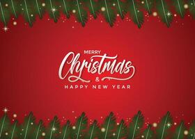 Festive Christmas and New Year Border Fir Branches, Golden Glitter Confetti, and Sparkling Lights with a Blurred Bokeh Effect on a Vibrant Red Background for Celebrations and holiday Seasonal Designs. vector
