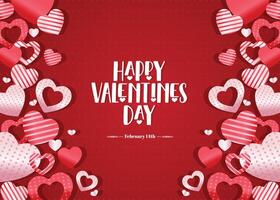 Happy Valentines day greeting card Design. Happy valentines day text with hearts elements in red pattern background illustration. vector