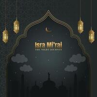 Al-Isra wal Mi'raj Prophet Muhammad calligraphy with circle texture ornamental colorful of mosaic on background. Suitable for greeting card, poster, banner and other users. vector