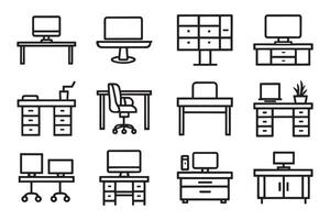 Workspace, with computer and table related editable icon set isolated flat illustration white background vector