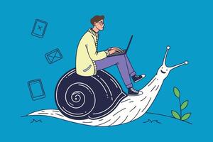 Young man sits on a giant snail, working on a laptop with technology in a whimsical scene hand drawn flat illustration. vector