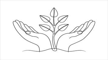 Hands palms together with growth plant continuous line art isolated on white background vector