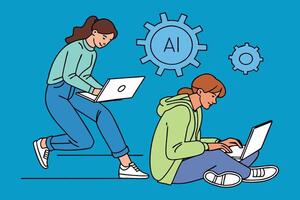 People working on laptop computers using artificial intelligence tool hand drawn flat illustration. vector