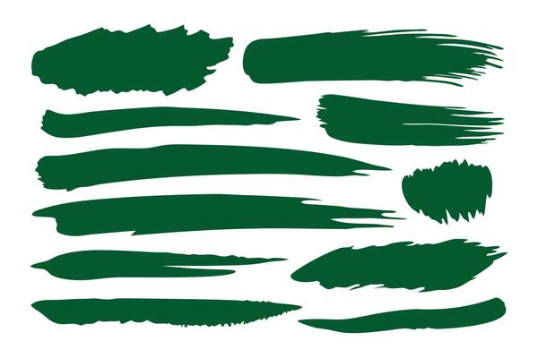 Brush strokes of dark green ink set isolated flat illustration on white background.