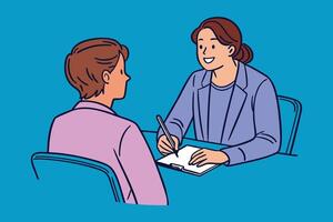 Professional individual confidently engaging in a job interview, showcasing effective communication and positive body language hand drawn flat illustration vector