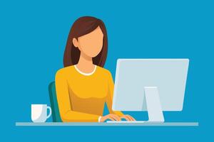 Yound woman work on computer Flat illustration. vector