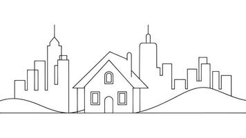 Cityscape with a village small house continuous line art isolated on white background vector