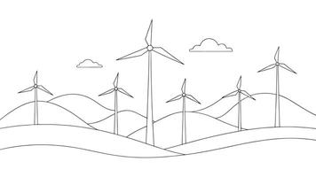 Hilly landscape with wind turbines producing electricity continuous line art isolated on white background vector