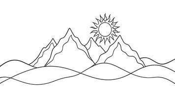 Sun and mountain range landscape continuous line art isolated on white background vector