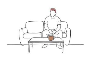 PMan seated on a couch beside a coffee table continuous black line art isolated flat illustration on white background. vector