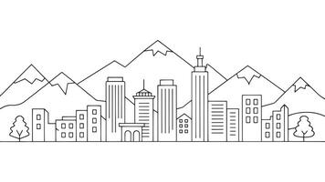 Cityscape, mountain range and building area continuous line art isolated on white background vector