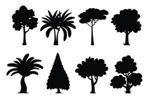 Tree and plant set silhouettes isolated flat illustration on white background. vector
