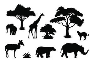 Zoo animals in the forest set silhouettes isolated flat illustration on white background vector