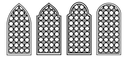 Set of monochrome ornate Arabic or Islamic Oriental windows with mashrabiya pattern. Ramadan Kareem design element, for invitation, Cnc pattern, laser cutting, wall decor, stencil, engraving. vector
