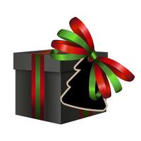 Decorative black gift box with a red and green bow and price tag in the shape of a Christmas tree isolated on white. For your New Year and Christmas sale design template. Illustration vector