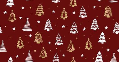 Christmas gold and white tree, pattern on red background, Hand drawn illustrations. vector