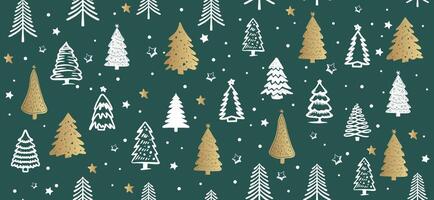 Christmas gold and white tree, pattern on green background, Hand drawn illustrations. vector