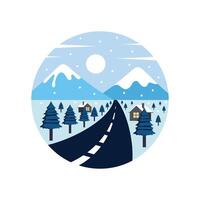 quiet street and trees around with cold weather in circle background, illustration for christmas vector