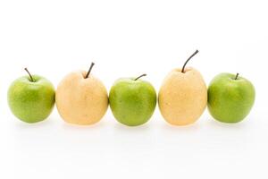 A row of apples and pears on a white background photo