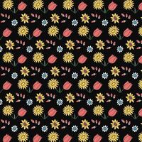 Seamless floral pattern with colorful flowers on a black background. Decorative floral pattern with tulips and sunflowers. vector