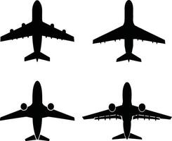 Set of 4 airplane silhouette top view illustration. Black airplane icon isolated on white background. vector