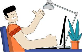 A man with a thumbs up is using a desktop computer and a flat illustration design element at his desk vector