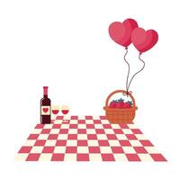 a picnic table with a basket of fruit and a bottle of wine vector