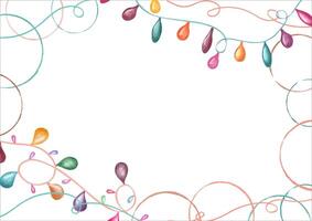 Decorative string colored light lamp garlands with circles watercolor horizontal border. Holiday illustration with empty space for text. Template for birthday greeting cards, invitations, flyers vector