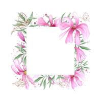 Abstract blooming pink flowers, green eucalyptus, fluttering golden contour butterflies on watercolor splashes horizontal frame. Magnolia flowers illustration with copy space for text. For invitation vector