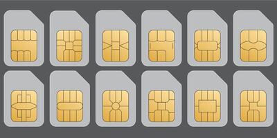 Set of sim cards. ID card mockup template. Realistic illustration for design. Mobile cellular phone. Sign, symbol, icon or logo isolated on background. EMV gold chip. Concept of technology. vector