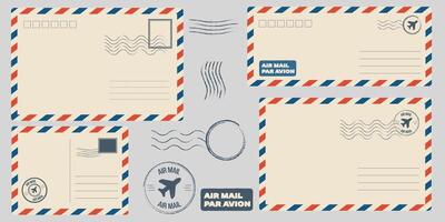 Backside blank travel postcard with dirty stain. Air mail par avion postage stamps, stamp old post card empty Back side template tags postale set logo print address track trace airmail envelope vector