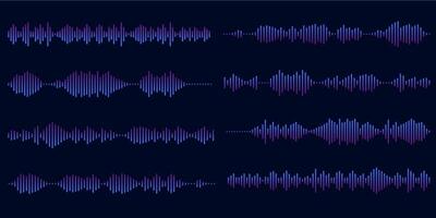 Set of voice message equalizer. Voice sound line with broken lines gradient on dark background. Vortex, sonar wave, soundwave, sunburst, signal signs. graphic illustration vector