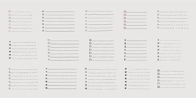 Collection of isolated outline hand drawn check to do list, bullet, check mark and check box in a doodle sketch cartoon style. Set of paper note with task plan. vector
