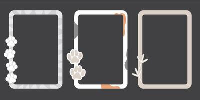 Set of cute kawaii frames with cat, dog and bird pawprints vector