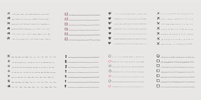 Collection of isolated outline hand drawn check to do list, bullet, check mark and check box in a doodle sketch cartoon style. Set of paper note with task plan. vector