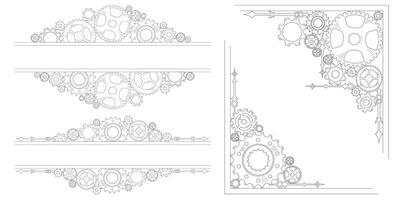 Colorful hand-drawn doodle cogwheels forming a gear mechanism in a corner, border, and frame style, conveying teamwork and business progress. vector