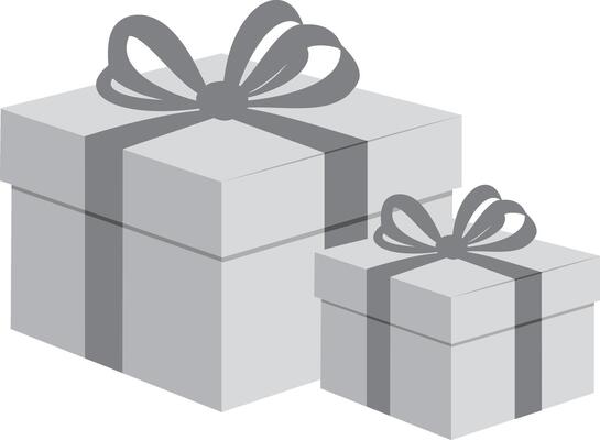 grayscale boxes with a ribbon tied around the top.