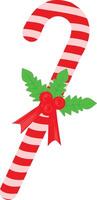 Merry Christmas sweet candy cane with a red ribbon and a green bow on it. vector