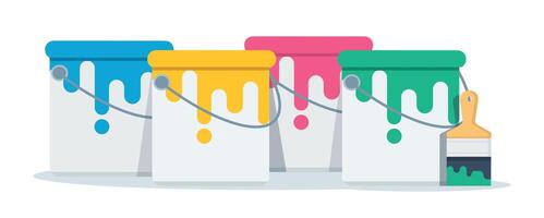 paintbrush and paint buckets with color vector