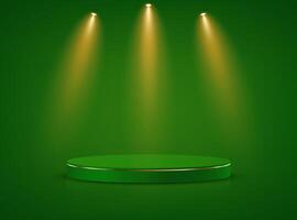 Green background 3d with green and gold podium for product presentation. Empty room with light effect. illustration. vector