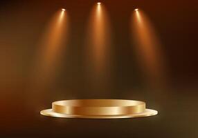 Black, brown background 3d with gold podium for product presentation. Empty space for placing text and products for promotion. Empty room with spotlight effect. illustration. vector