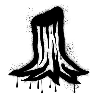 Hand drawn tree stump with black spray paint graffiti