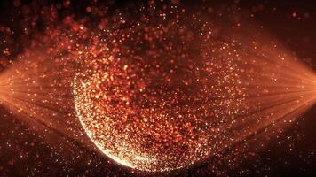 Abstract glowing orange sphere, energy ball shining brightly with rays of light, magic waves from particles and dots, abstract atomic science background, seamless loop video