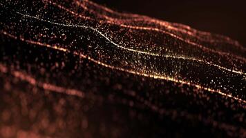 Digital particle wave and light abstract background, futuristic cyber background with wave magic animation of sparkling glowing golden dust and glitter particles, shimmering and glowing dots. 3D. video