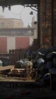 Abandoned multi-story red brick factory buildings video